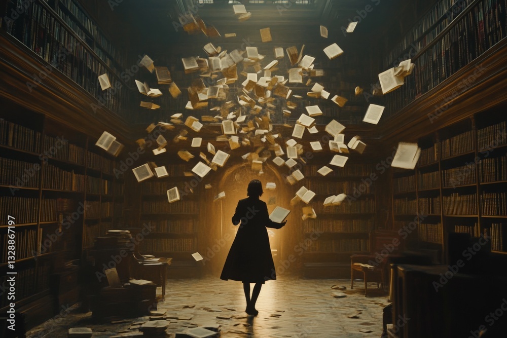 Poster Mystical library where books float in mid-air with a figure in silhouette standing in awe at the heart of the enchanting atmosphere