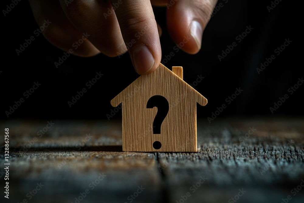 Poster a small wooden house with a curious question mark on the door, suitable for use in illustrations or 