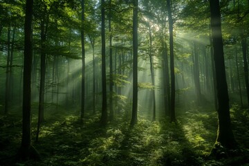 Fototapeta premium Sunlight beams shining through dense forest trees in a tranquil morning setting