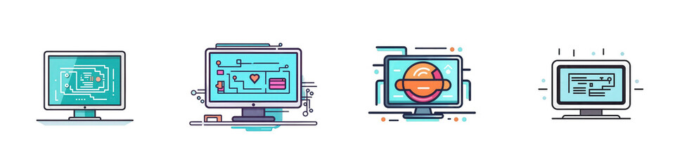 Digital screens display data, tech, and virtual reality isolated on white or transparent png