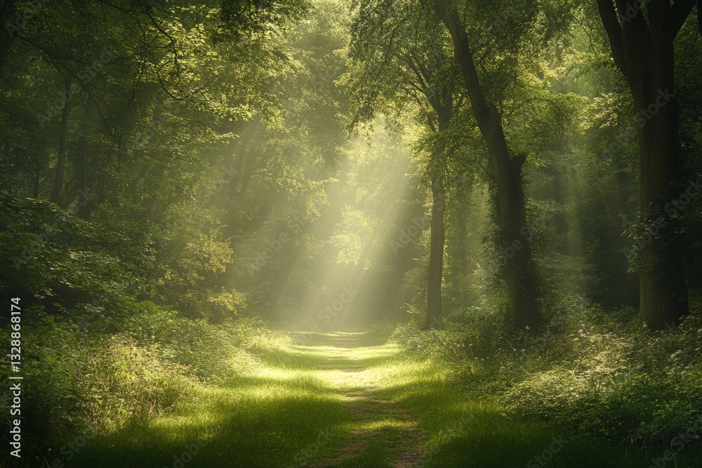 Aufkleber sunlight filters through a lush forest, illuminating a tranquil pathway surrounded by greenery
