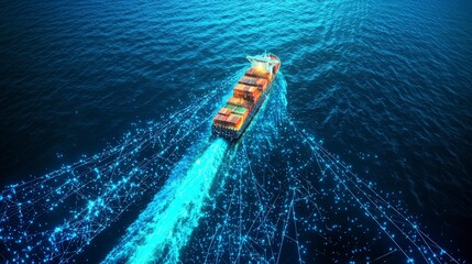 Cargo ship sailing through digital ocean with lights