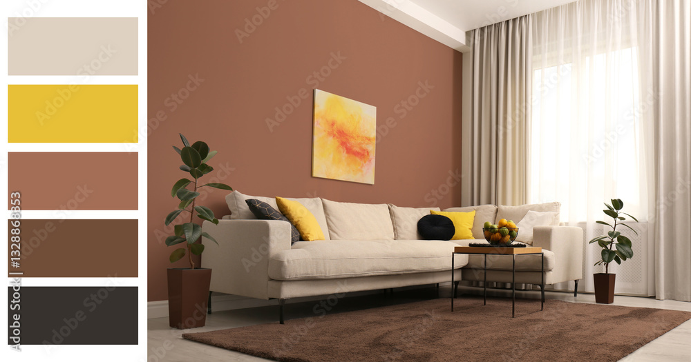 Poster stylish living room with elements in mocha mousse shade. interior design and matching color palette