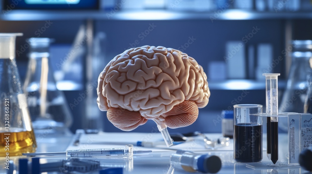 Poster a close-up of a human brain in a laboratory setting, with scientific tools and notes surrounding it,