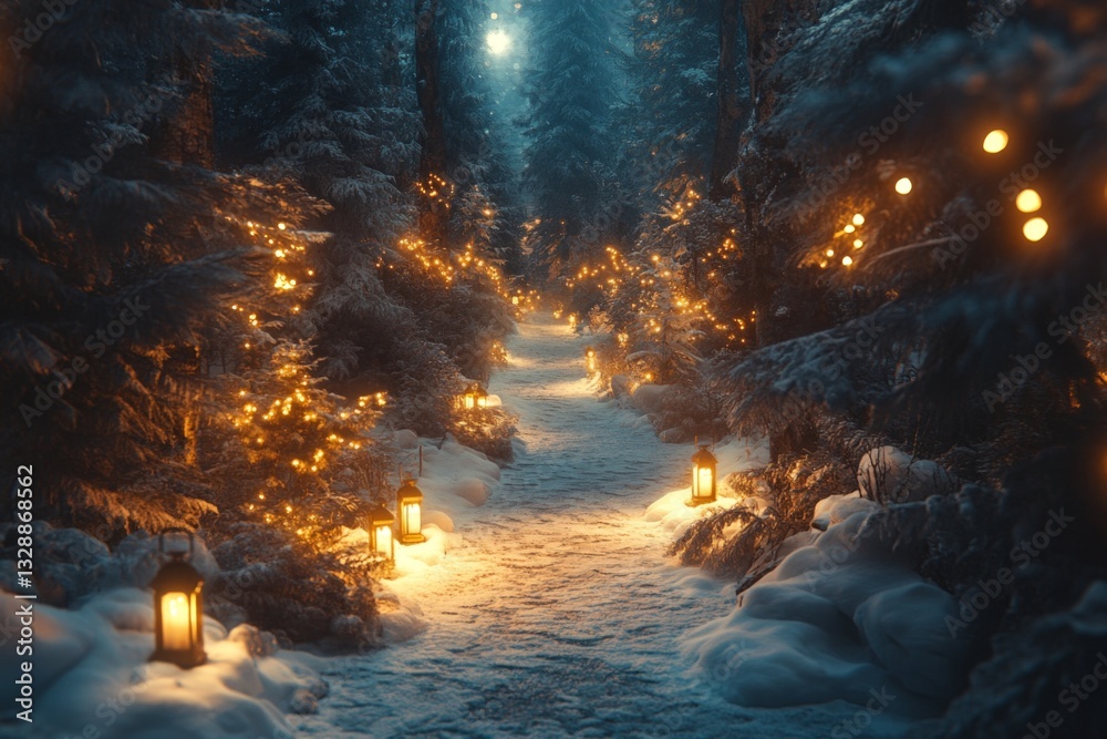 Poster magical winter forest path illuminated by twinkling lights and lanterns at night