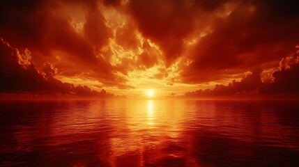Fiery sunset over calm ocean.
