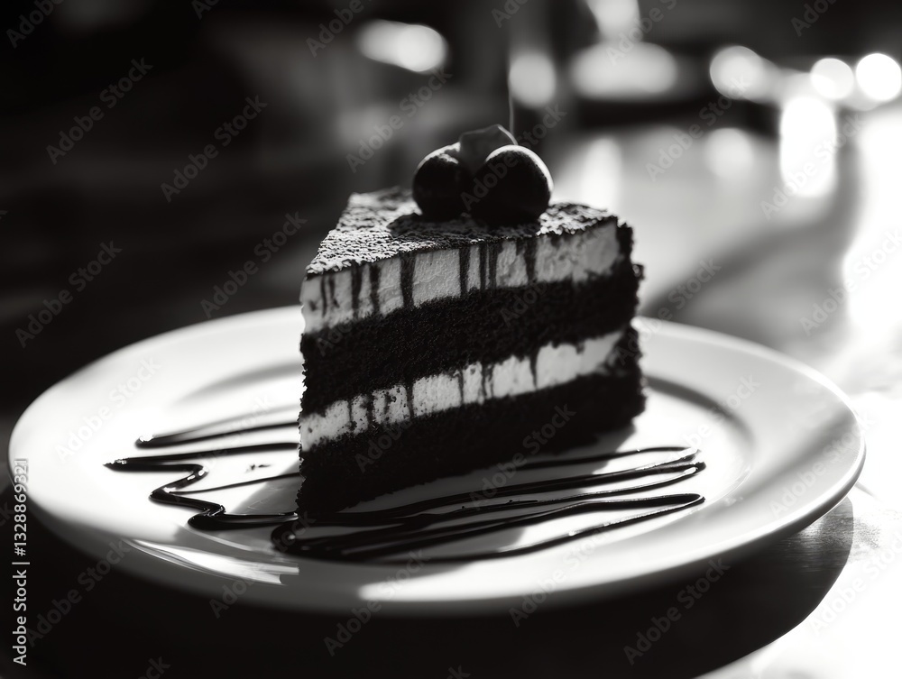 Aufkleber a slice of chocolate cake on a plate with a drizzle of melted chocolate