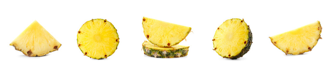 Fresh pineapple pieces isolated on white, set