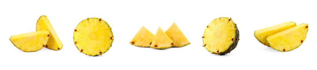 Fresh pineapple pieces isolated on white, set