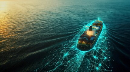 Container ship on ocean lit with digital network lines