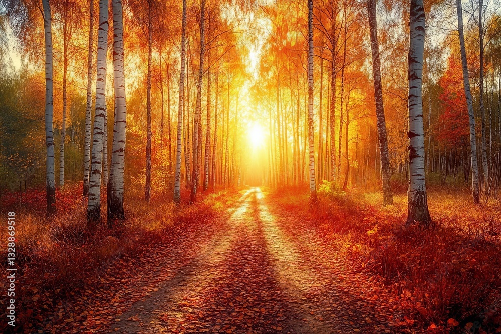 Poster golden sunlight filters through birch trees creating a beautiful autumn pathway by sunset