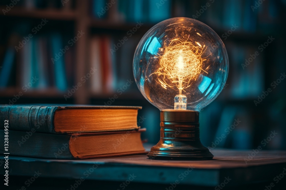 Aufkleber illuminated orb with warm glow beside old books in a cozy library setting