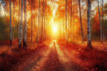 Fototapeta premium Golden sunlight filters through birch trees creating a beautiful autumn pathway by sunset