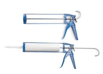 Caulking gun with tube on white background, collage. Top view