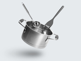 Saucepan, ladle and slotted spatula in air on white background