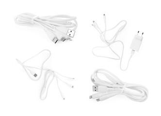 Triple charge cable and USB power adapter on white background, set