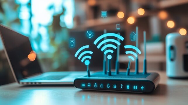 A close-up of a Wi-Fi router with multiple antennas, surrounded by modern tech gadgets like a laptop and smart home devices, highlighting a connected lifestyle.