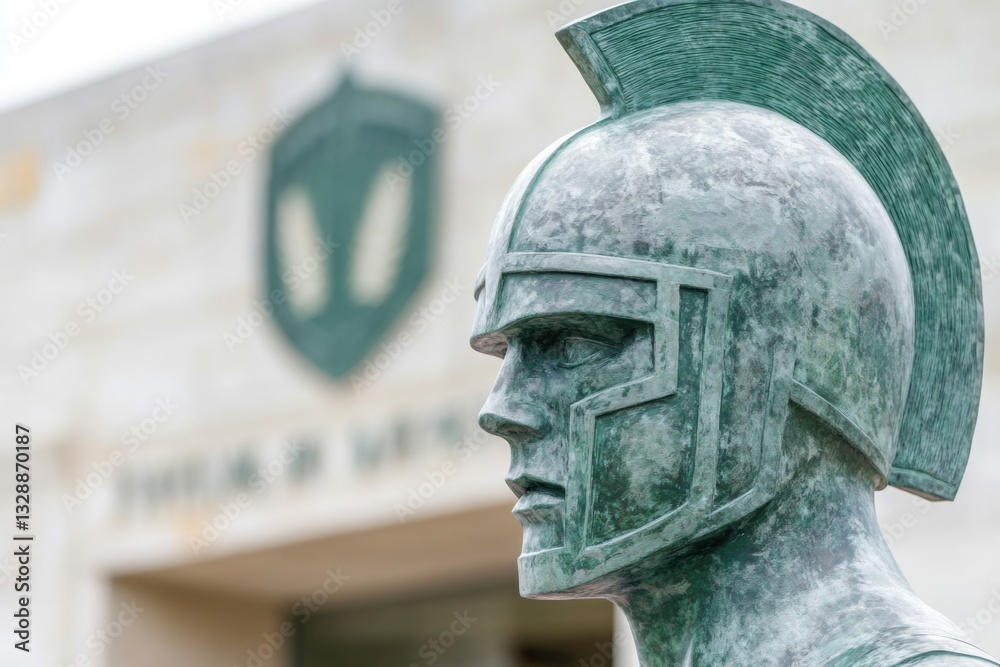 Poster a detailed view of a statue showing a man wearing a helmet, suitable for use in historical or artist