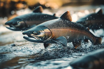 Obraz premium Salmon jumping in a river during the summer season, showcasing their strength and agility amidst splashes of water