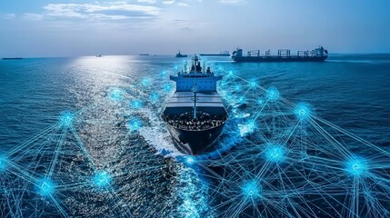 Container ship surrounded by glowing network at sea