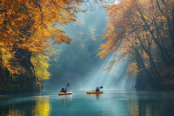 autumn river scene with kayakers amidst vibrant orange trees, enjoying nature's beauty. peaceful outdoors activity. travel, outdoor adventure, healthy activity, hobby and leisure. kayaking at fall
