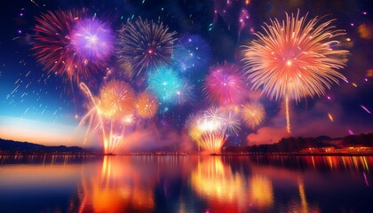 Spectacular firecrackers exploding in the dark night sky, bursting with bright, vibrant colors and casting dazzling reflections of light. Festive and celebratory
