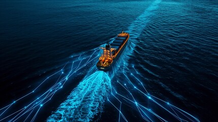 Illuminated ship with futuristic network on water