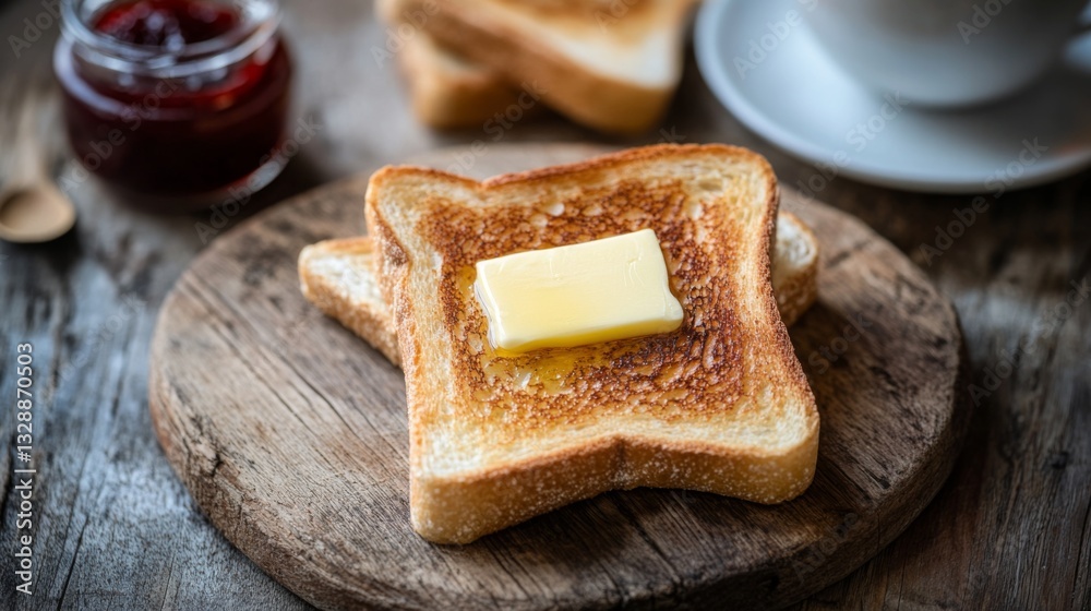 Poster a close-up of perfectly golden toast with butter melting on top, placed on a rustic wooden table alo