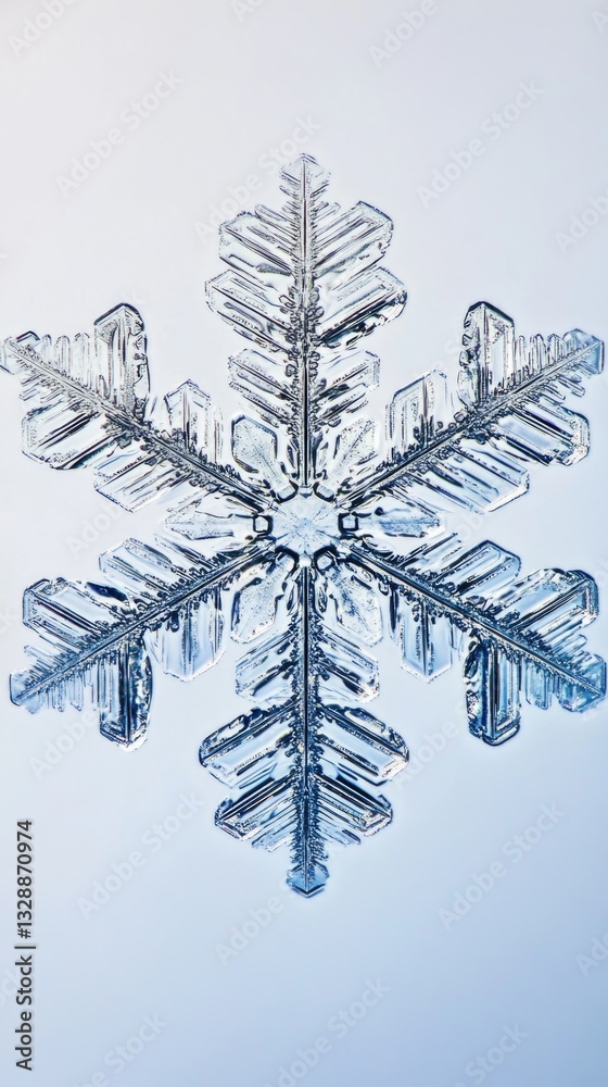 Poster a single snowflake falling from the sky, with a bright blue background