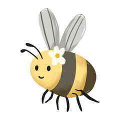 Cute cartoon bee with a flower on its head and happy expression