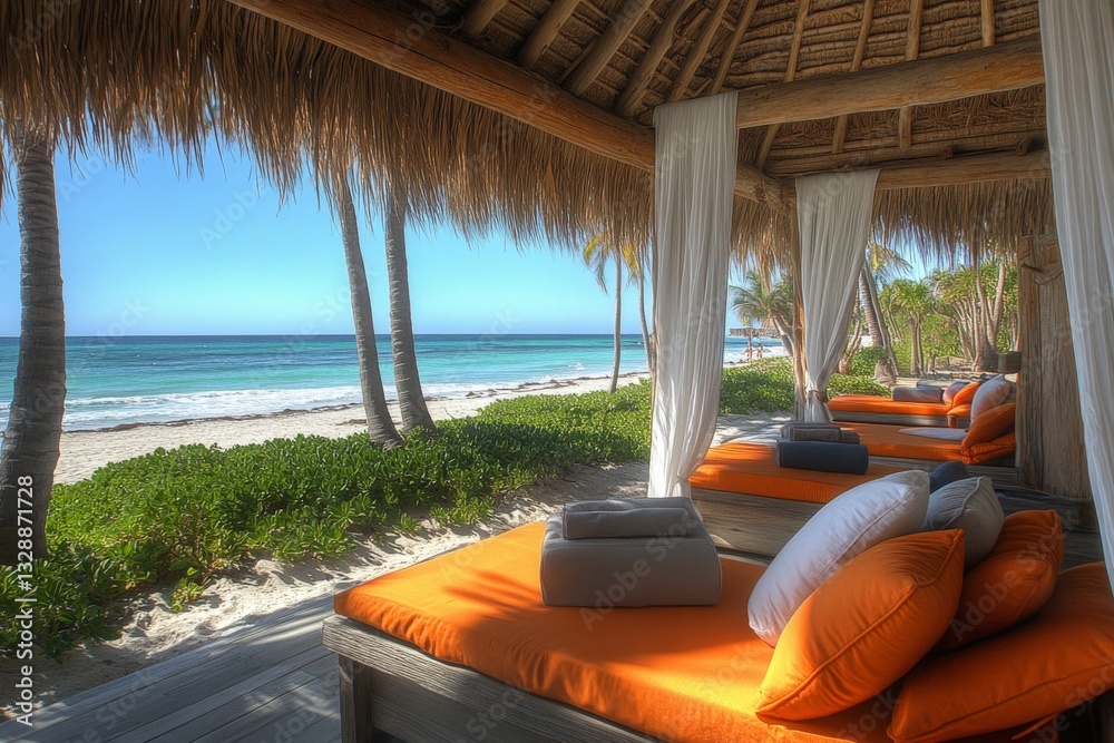 Aufkleber relaxing beachfront lounge area with shaded cabanas and ocean view during a sunny day