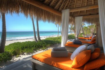 Relaxing beachfront lounge area with shaded cabanas and ocean view during a sunny day