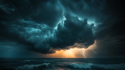 A dramatic image of a powerful storm brewing over the ocean, with dark, swirling clouds and lightning striking in the distance, capturing the intensity of the weather.
