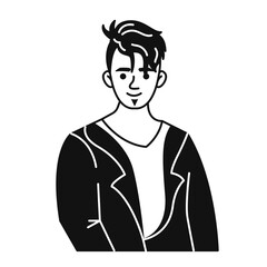 Portrait of a smiling man with a fashionable hairstyle. Vector black and white doodle illustration