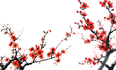 Plum blossom, ink painting style, red flowers on white background © wanna
