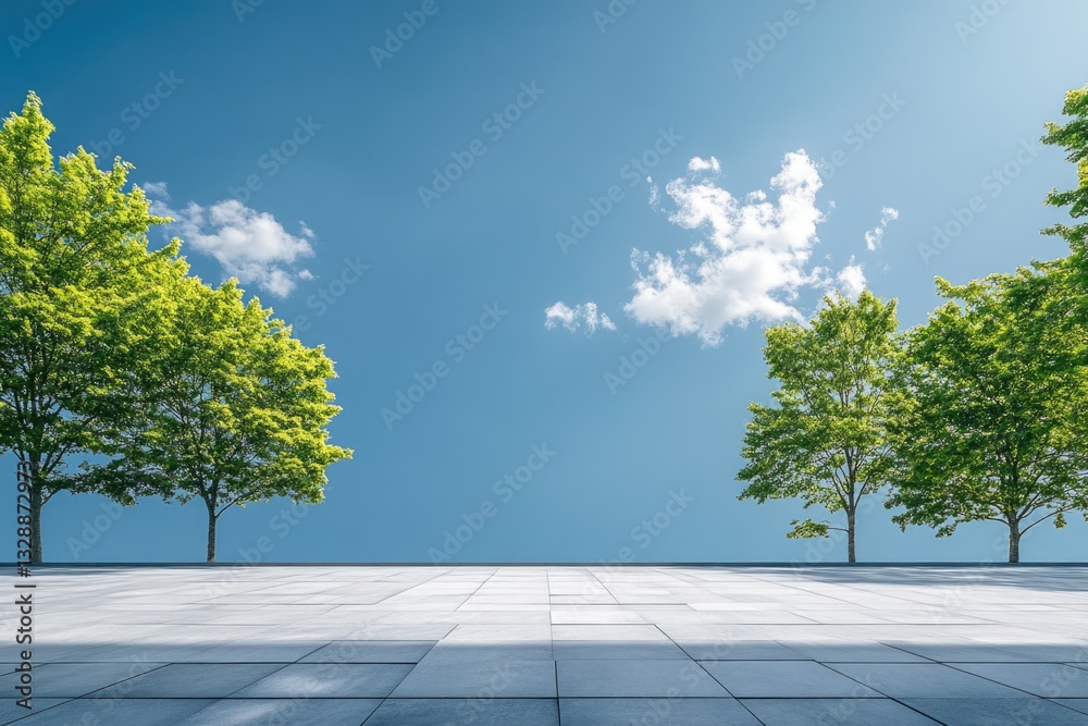 Poster trees on a decorative tile floor, often used in interior design and architecture