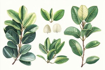 Naklejka premium Illustration showcasing parts of Ficus elastica plant including leaves and branches