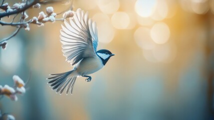 Obraz premium A dynamic scene of a bird taking off from a branch, with its wings fully extended and a blurred background to emphasize the speed and motion of its flight.