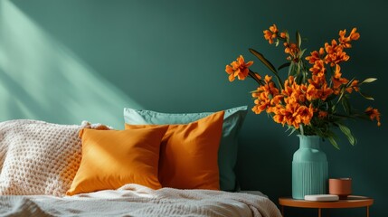 Teal room, orange blooms, bed, sunlight