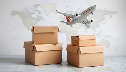 Mini cardboard boxes with a plane flies above world map. For several purposes or ideas about transportation, international freight, global shipping, overseas trade, regional / local forwarding, flat