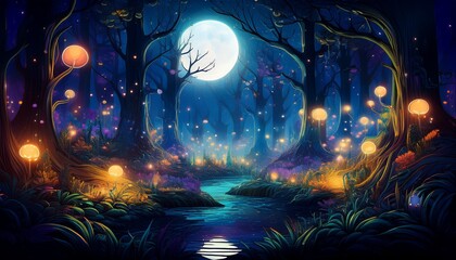 Obraz premium Enchanted forest glowing under a full moon, with tiny magical lights dancing in the air, creating a mystical and captivating atmosphere