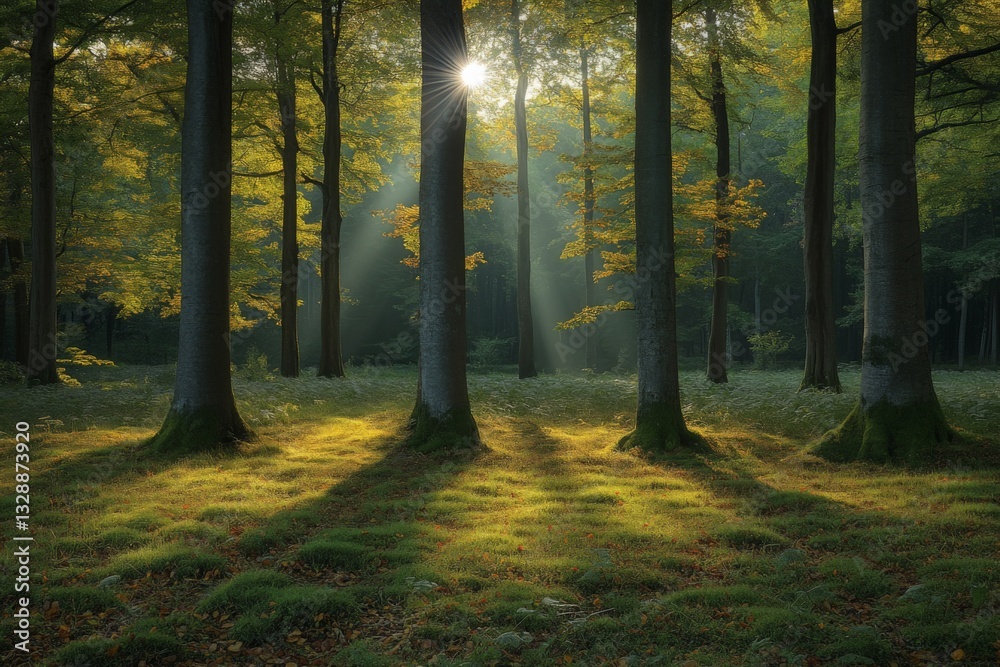 Poster Sunlight filters through trees in a serene forest, creating a tranquil atmosphere during the early morning
