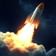 Rocket launching into the night sky.  Flames and clouds engulfing the vehicle