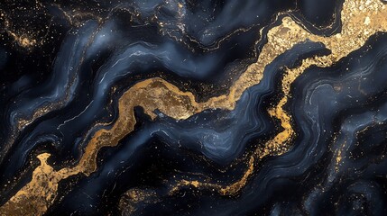 Abstract Swirling Dark Blue Gold Marble Texture. AI Generated