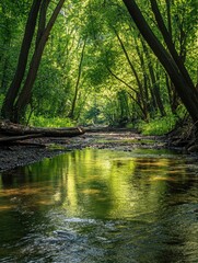 Fototapeta premium Serene Forest Stream for Sunlight Reflections.