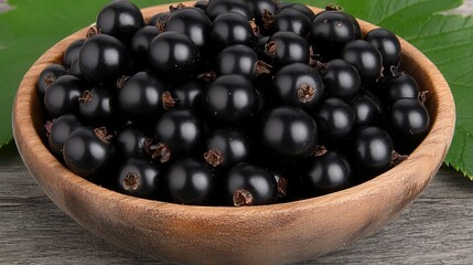 Fresh blackcurrants in wooden bowl.