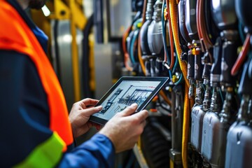 A person wearing an orange vest holds a tablet computer, suitable for illustrations about technology or work safety