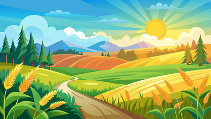 Landscape in summer with bright sun, meadows and golden cornfield in the background