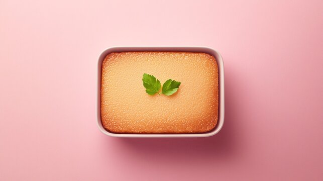 A minimalist, top-down shot of Thai custard dessert (Khanom Mo Kaeng) in a small, rectangular ceramic dish. Golden-brown caramelized top with a single coriander leaf garnish. Shot in soft, moody