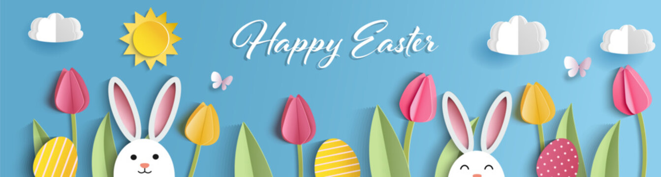 Happy Easter banner template with bunny, eggs, flowers, green grass  and blue sky in  paper cut style. Vector illustration